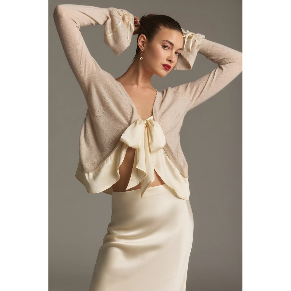 Anthropologie Sweater Womens Extra Small NWT Beige Mixed Media‎ Ruffled Cashmere